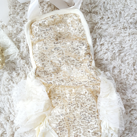 NWOT Ivory and Gold Lace Ruffled Onepiece Romper - Picture 2 of 7